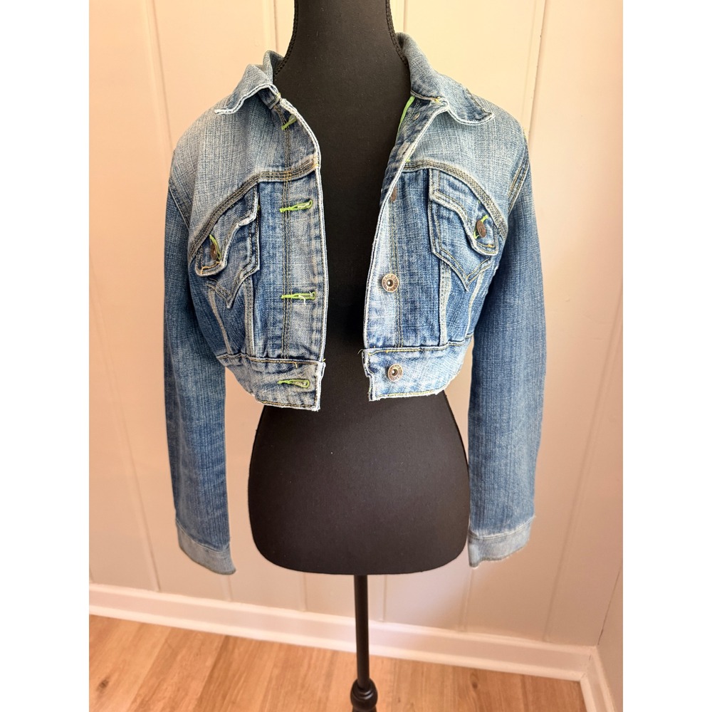 Instant Vintage Women Cropped Denim Jacket Blue Neon Green Stitching Size M